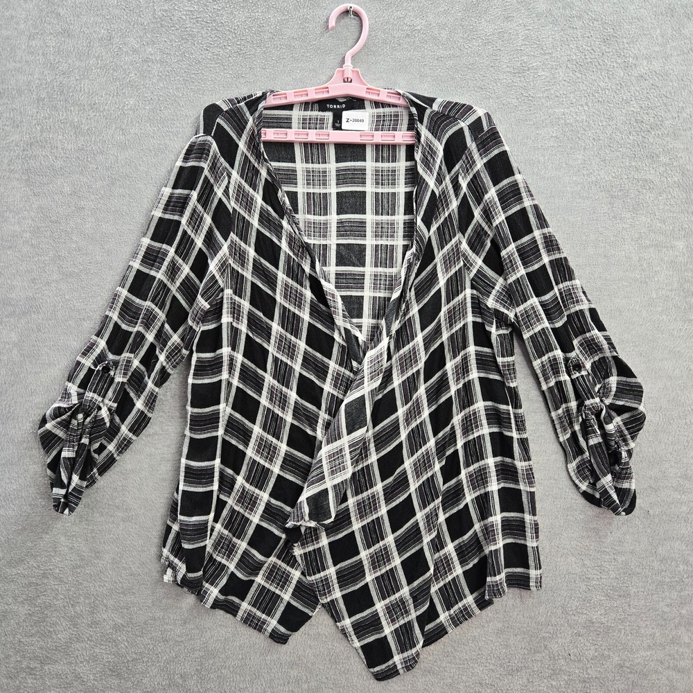 Torrid Women Sweater 1 Black Plaid Cardigan Roll Tab Sleeve Open Front